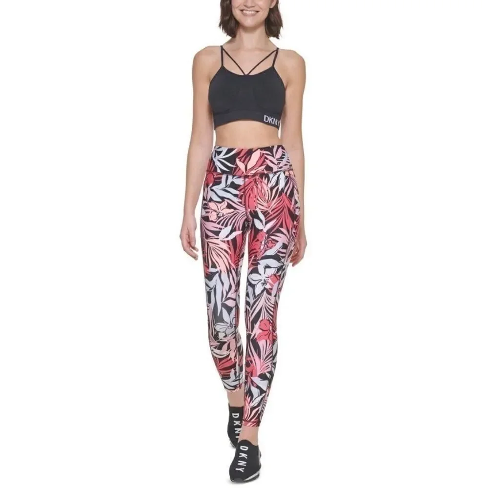 MSRP $70 Dkny Printed High-Waist 7/8 Legging Jungle Bloom Bubblegum Pink M